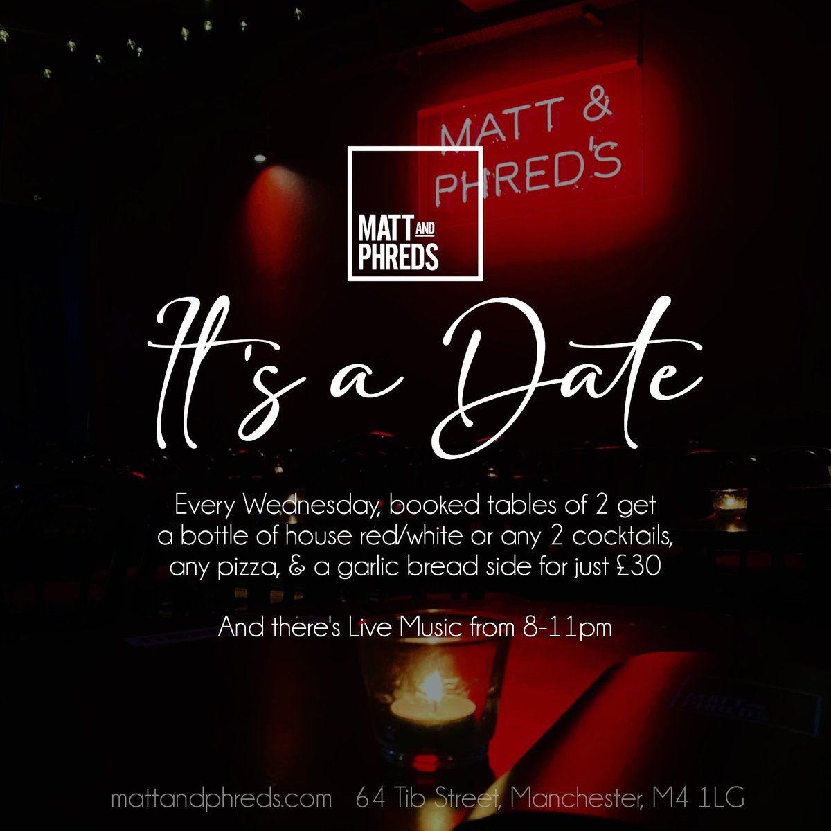 Book a stage-side table for two on a Wednesday evening at Matt & Phred’s, and get a bottle of house red/white wine or any two cocktails, any pizza, and a garlic bread side for just £30. Gigs: mattandphreds.com/gigs Book: 0161 273 5495 #Manchester #ManchesterLife #LiveMusic