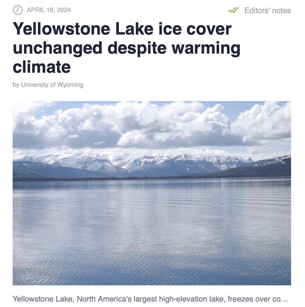 Not the climate narrative:

'The length of time that Yellowstone Lake is covered by ice each year has not changed in the past century, despite warming temperatures in the region, according to new research led by University of Wyoming scientists.'

phys.org/news/2024-04-y…