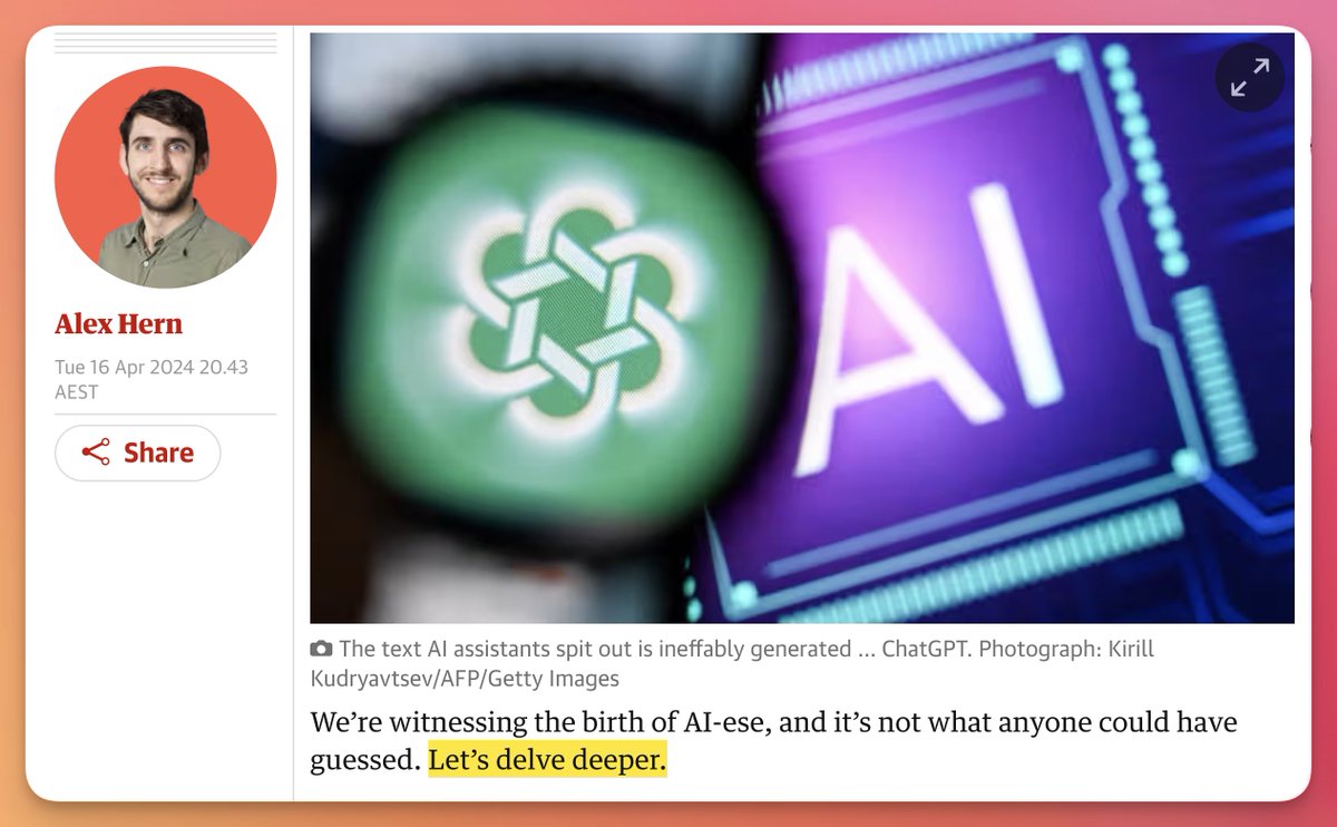 MYSTERY SOLVED! Why does ChatGPT use the word 'delve' so much? We've seen a 10x increase in the proportion of medical studies using the word 'delve' from 2022 to 2024. But why? @alexhern at The Guardian might've just solved it. Thread below, complete with the trail of clues: