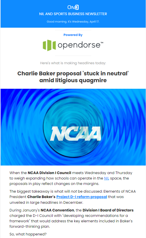 It's Wednesday, which means the @On3NIL and Sports Biz Newsletter hit 📩‼️ Today's topics: +Charlie Baker's reform proposal is stuck in neutral +Women made strides with NIL brand deals in 2023 READ >> t.ly/qtJmj SUBSCRIBE for FREE >> t.ly/FN018