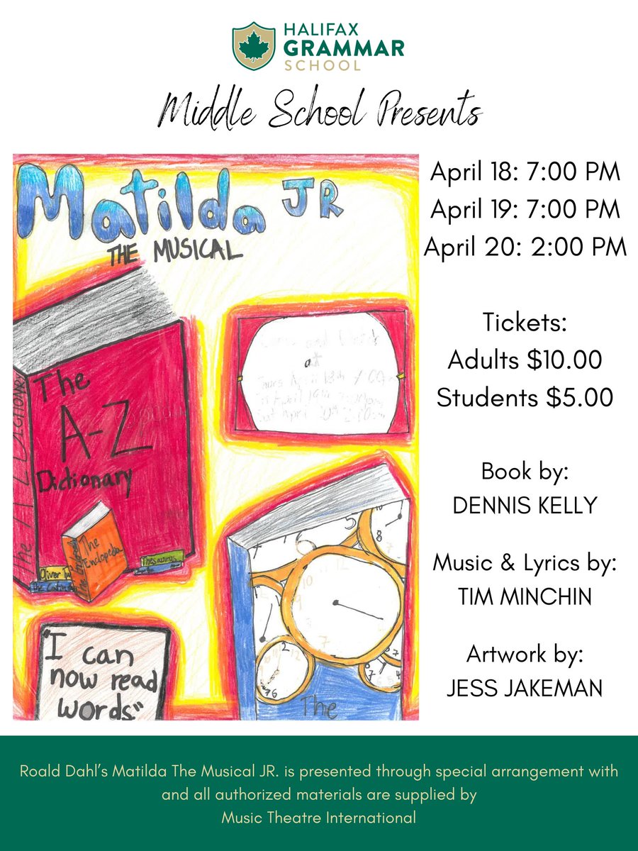 halifaxgrammar's tweet image. Matilda The Musical Junior opens tomorrow! The talented cast of the Middle School Drama Club can&apos;t wait to bring Roald Dahl&apos;s story to life for you. Tickets are available here: hgs.ns.ca/middle-school-…

#HalifaxGrammar #GrammarArts #MatildaJr #MatildatheMusical
