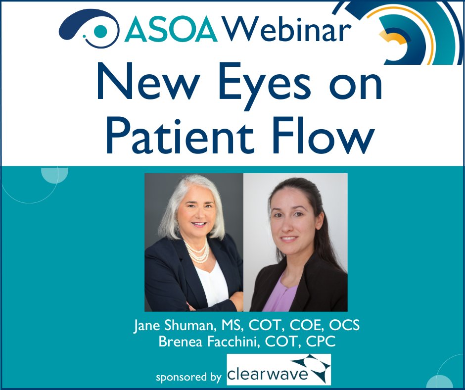 MARK YOUR CALENDARS for the #ASOA April 24th webinar entitled, 'New Eyes on Patient Flow.'  

ow.ly/vCY650QGcJ5

#ophthalmology #practicemanagement #patientflow