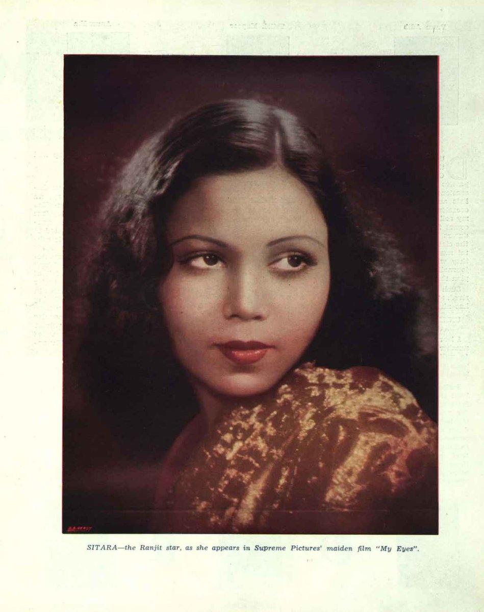 A stunning image of the actor and dancer Sitara Devi appears in the August 1939 issue of FilmIndia magazine. The colour plate in the magazine was publicity for the film Meri Aankhein (1939) directed by Dwarka Khosla. #SitaraDevi