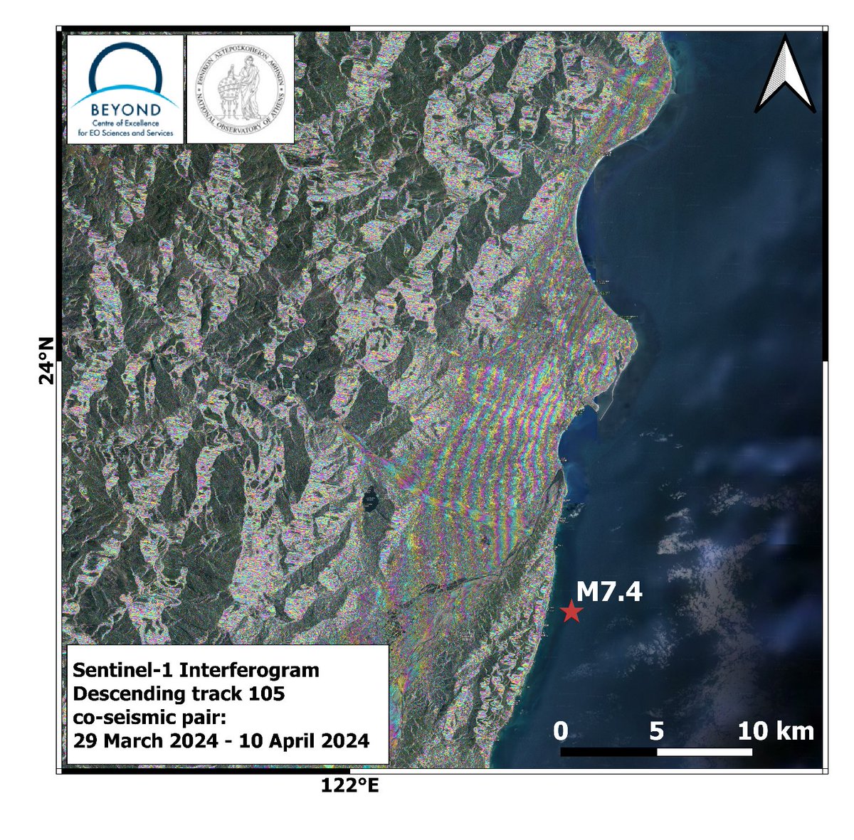 📣#BEYONDServices #geObservatory 👉Εδαφική παραμόρφωση από τον σεισμό Μ7.4, στην Ταϊβάν στις 2 Απριλίου 2024, 23:58:09 UTC First co-seismic interferogram of Taiwan earthquake Μ7.4, 02-04-2024, 23:58:09 UTC More Info:🔎beyond-eocenter.eu/index.php/news… @EAA_NOA @kontoes1