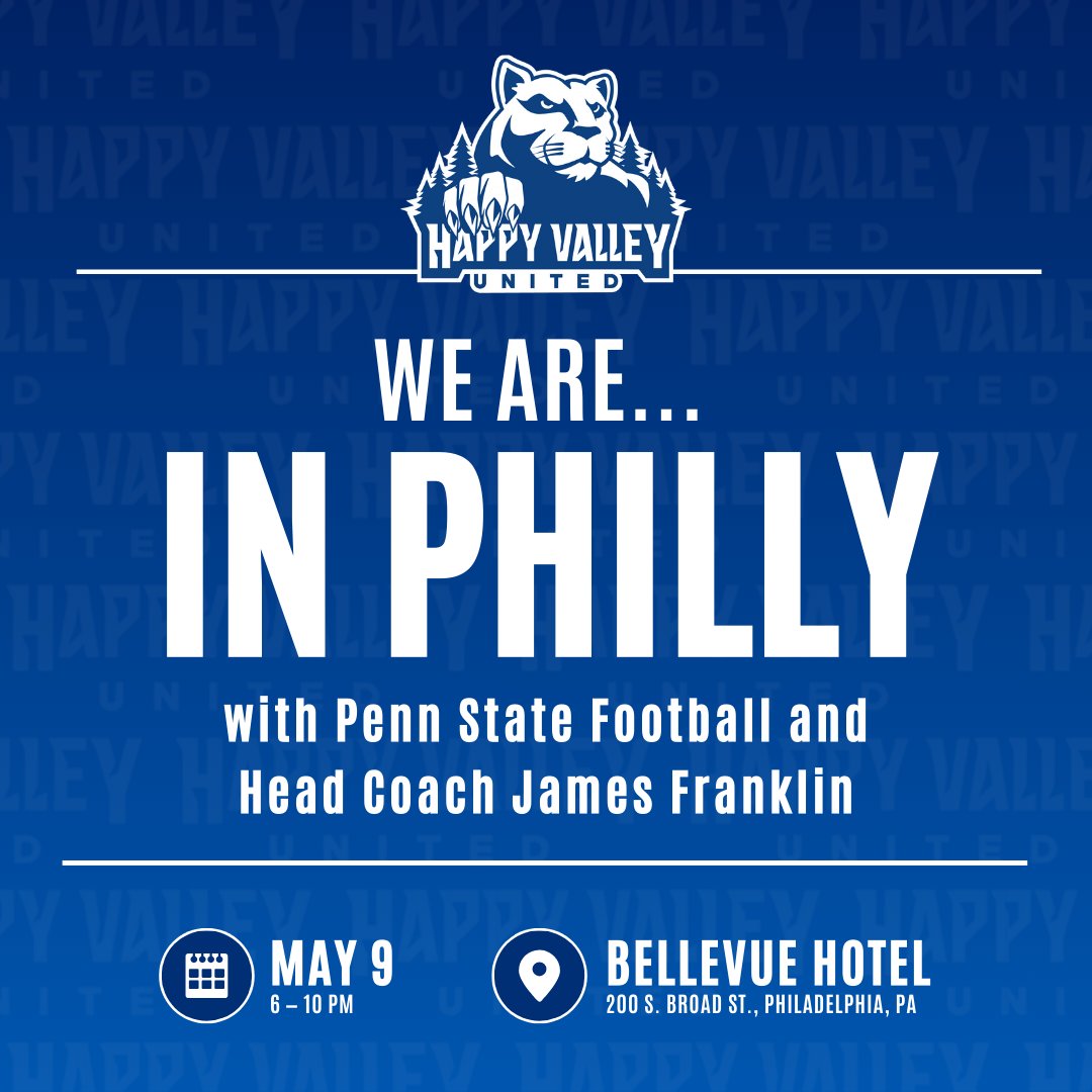 Philly Philly🤩 Join James Franklin, Penn State coaches and lettermen in the City of Brotherly Love to support NIL for football student-athletes🏈 Register Now: happyvalleyunited.com/pages/we-are-i… #WeAre | #HappyValleyUnited #NIL