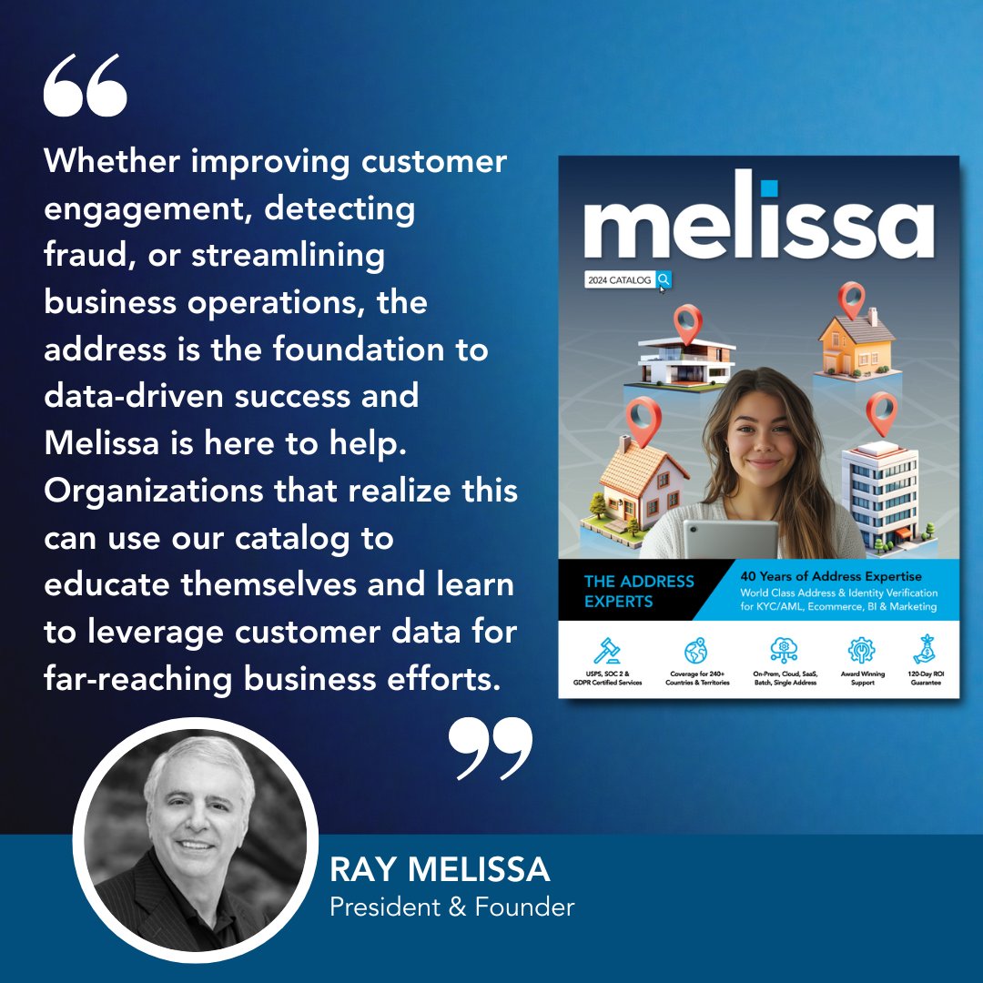 With nearly 40 years of experience, @MelissaData knows its way around the address. Check out our new catalog to learn how to enrich and manage your address data for better customer engagement, compliance, and accuracy.
 
See why we’re the Address Experts: i.melissa.com/3Q4qRe1