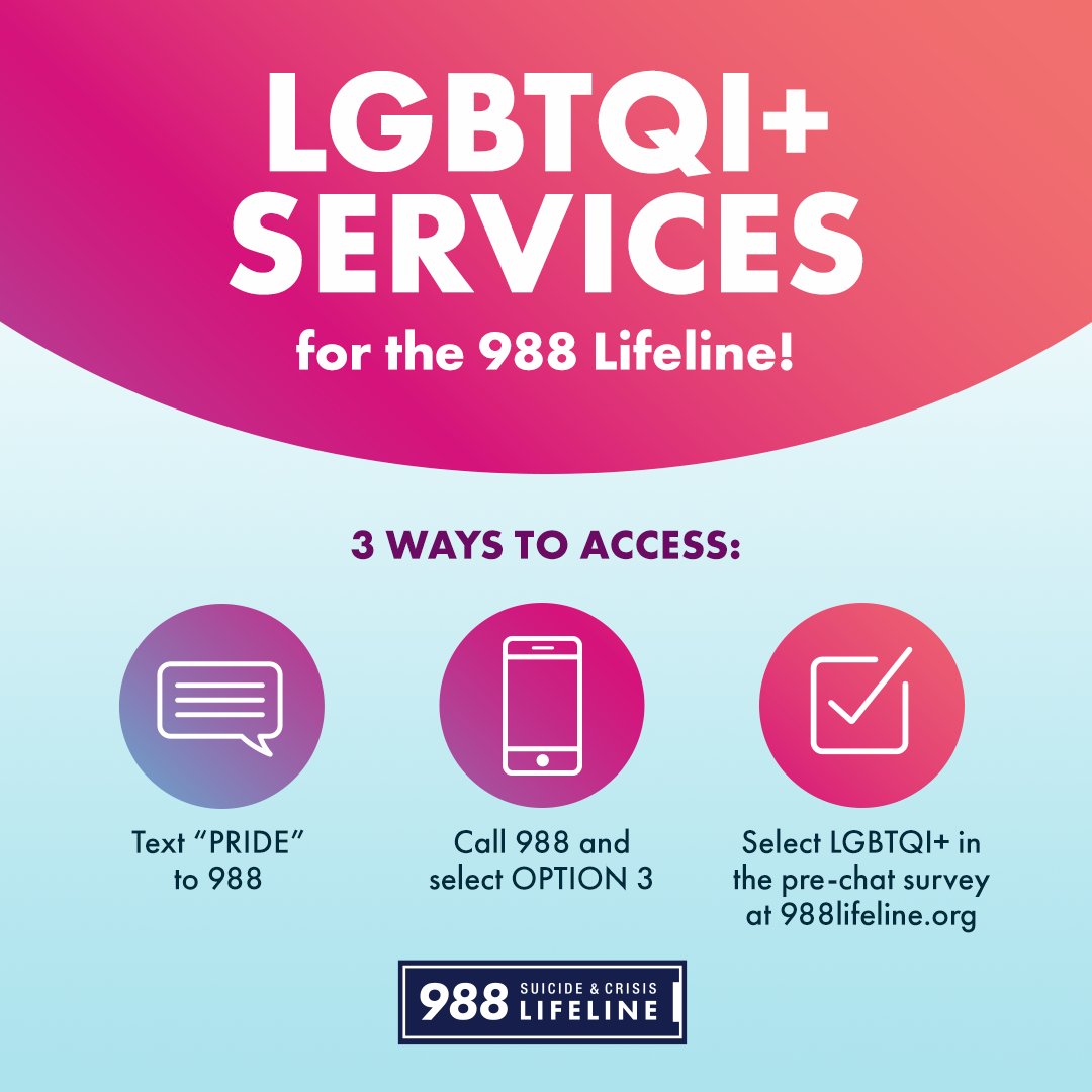 The @988Lifeline is committed to providing inclusive, tailored #MentalHealth support for all. #LGBTQI+ youth and young adults can text or call 988, or chat at 988Lifeline.org, to connect with a skilled, compassionate counselor 24/7. #PRIDE