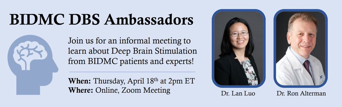 LAST CHANCE to register for our bi-annual Deep Brain Stimulation meeting taking place on Zoom TOMORROW April 18th at 2PM. Join us to hear from BIDMC experts and patient ambassadors who have undergone the surgery. Register for free here harvard.zoom.us/webinar/regist… @LanLuo_DBS #PD #DBS