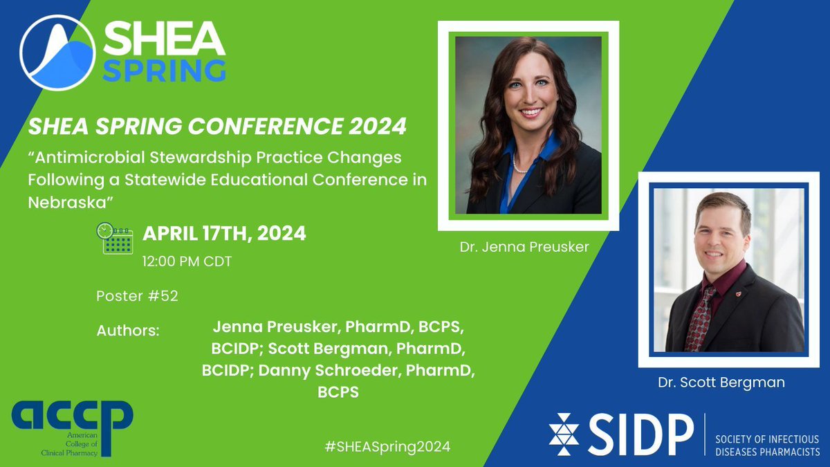 SIDP members Drs. Jenna Preusker, <a href="/bergmanscott/">Scott Bergman</a> and <a href="/dkschroePharmD/">Danny Schroeder</a> share outcomes data on practice changes resulting from Nebraska's 4th antimicrobial stewardship conference. Poster #52 at #SHEASpring2024 <a href="/SHEA_Epi/">SHEA</a> <a href="/accpinfdprn/">ACCP INFD PRN</a>