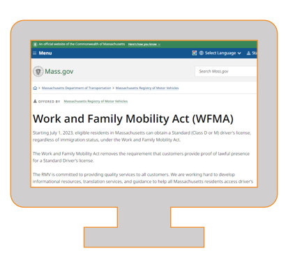 Applying for a Standard Class D Driver’s license under the Work and Family Mobility Act? You'll need to bring documents that verify your: 👤 Identity 📅 Birthdate 🏠 Massachusetts residency Find accepted documents and translation requirements at mass.gov/WFMA #WFMA