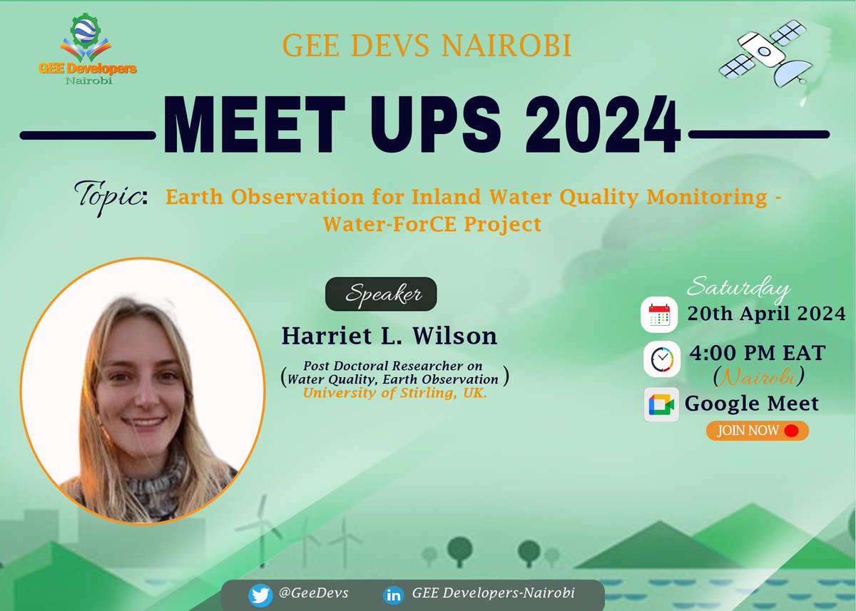 🎉 🎉 We're delighted this time to welcome you for an exciting session, "Earth Observation for Inland Water Quality Monitoring" with associate Prof Harriet L. Wilson from University of Stirling.

🗓️ Register Here: lnkd.in/dJRpjKQM
