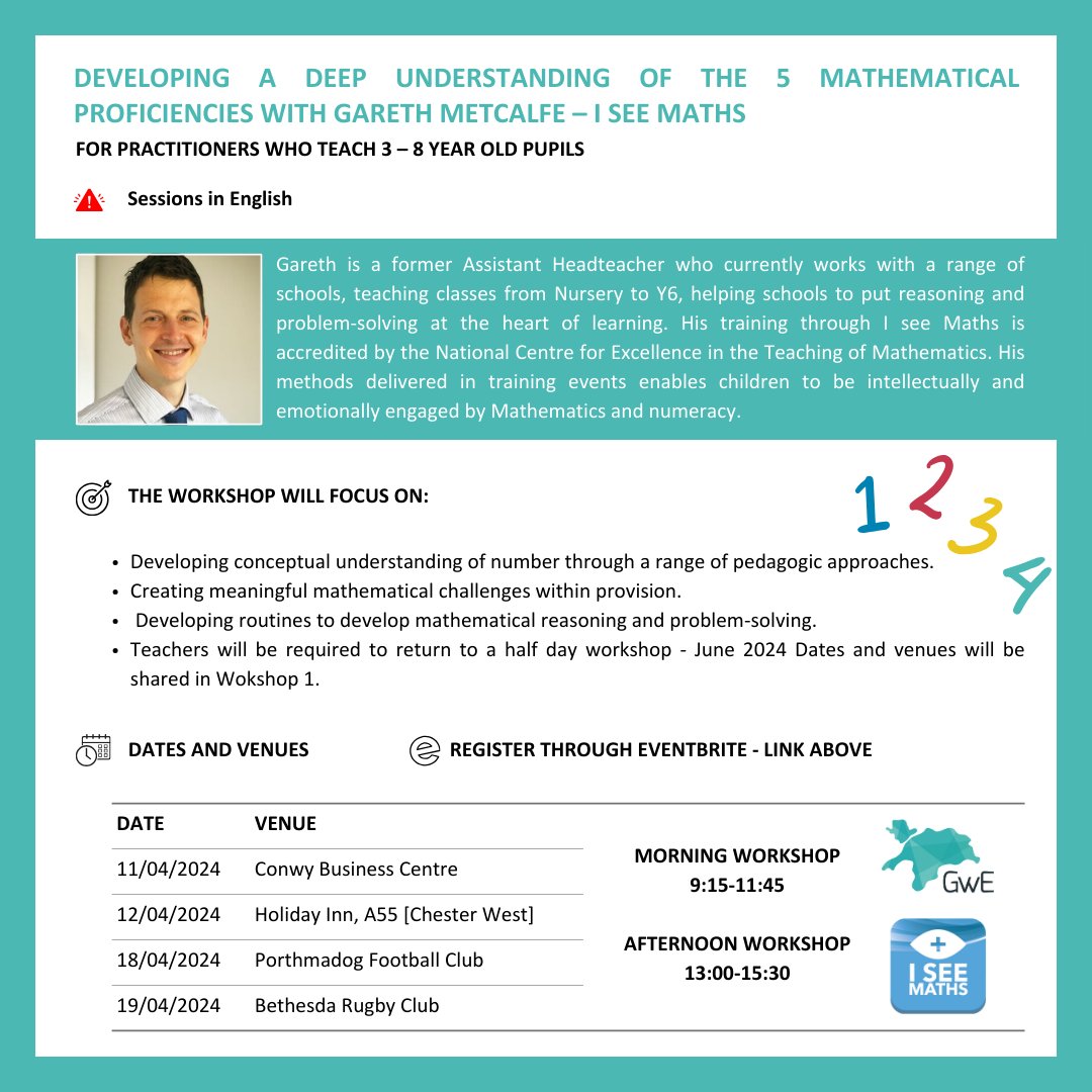 🧮 Mathematics Workshop with Gareth Metcalfe for practitioners who teach 3-8 year old pupils. Please register through this link: 💻 eventbrite.com/cc/gweithdai-g… @GCynradd @gareth_metcalfe @angleseycouncil @cyngorgwynedd @ConwyCBC @DenbighshireCC @FlintshireCC @wrexhamcbc