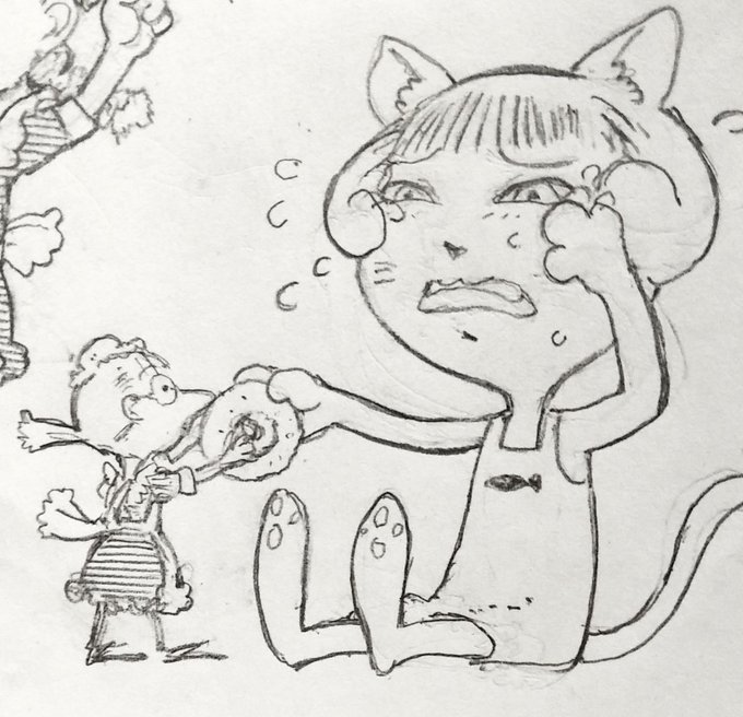 【迷子の猫ちゃんドーナツ食べる?】
【食べるー】

迷子の猫と鳥 新旧
鳥は大きさがよく変わる。
印象サイズだ。
猫も最初の絵からちょっと変わったわね。 