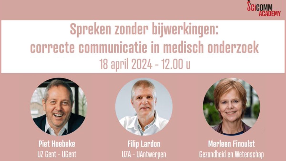 Morgen ben ik graag te gast @SciMingo voor een paneldebat over correcte #wetenschapscommunicatie in de #gezondheidszorg, samen met @HoebekePiet en @mfinoulst. Is elke ‘medische doorbraak’ in de pers ook een doorbraak in de kliniek? Dat en andere vragen via scicomm-academy.eu/pages/panelges…