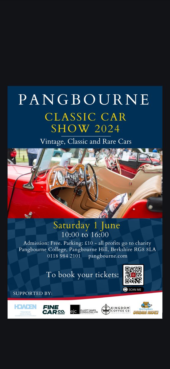 1/2 Spectator tickets are now available via the QR code in the poster for the @PangCollCarShow 2024 on June 1st. We will have over 350 vehicles on display, @Sportingbears will be with us, offering dream rides in an amazing lineup of cars.