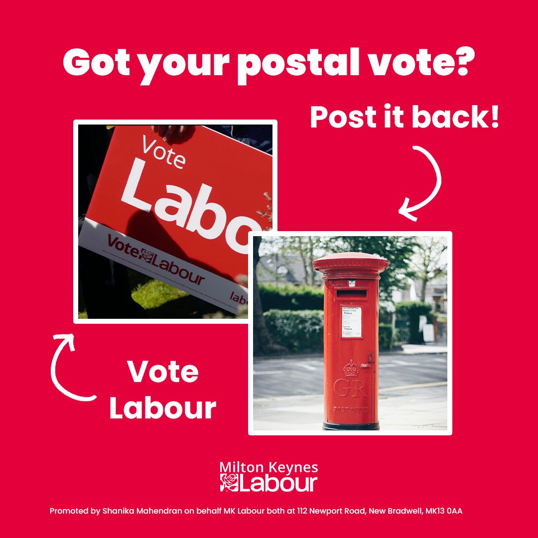 Postal votes are arriving across the city! 🌹 We have a plan for a better future for Milton Keynes. Read more about it here: mklabour.org.uk/local-election… 📮 Vote Labour and post your vote back as soon as possible!