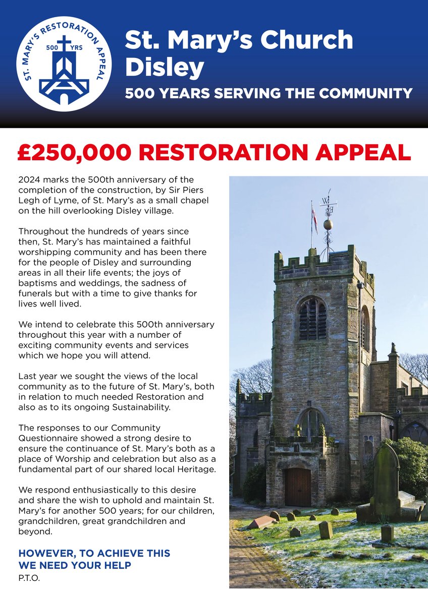 DisleyPC's tweet photo. Our wonderful local @StMarysDisley church is celebrating 500 years! Not looking so bad for half a millenia 🥳
However to keep it in it’s beautiful, Grade II* listed condition, they need the support of the #community to donate to their restoration appeal: https://t.co/akhM3bCpt5 https://t.co/1J9FvS7ySW