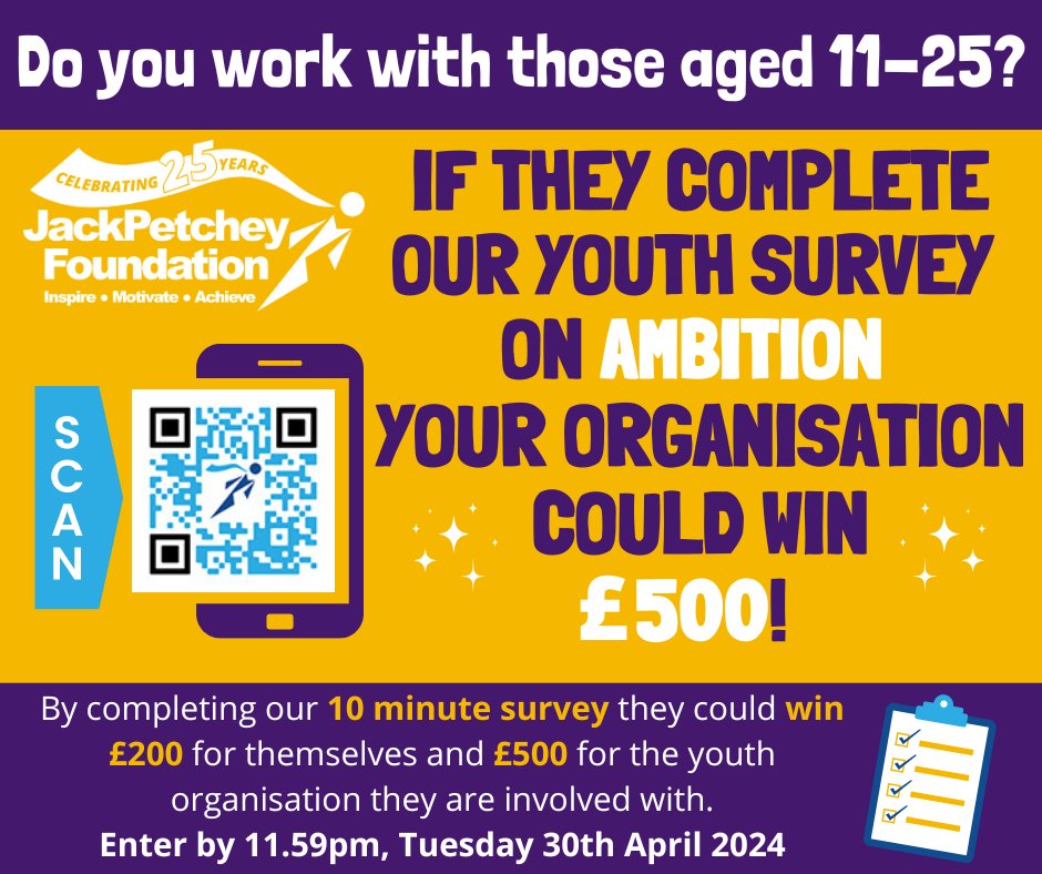Our friends @JPFoundation have extended the deadline for their 'Bright Futures: The Jack Petchey Survey of Young People's Ambitions' to the 30th April 2024! Take the survey by scanning the QR code attached to this post!