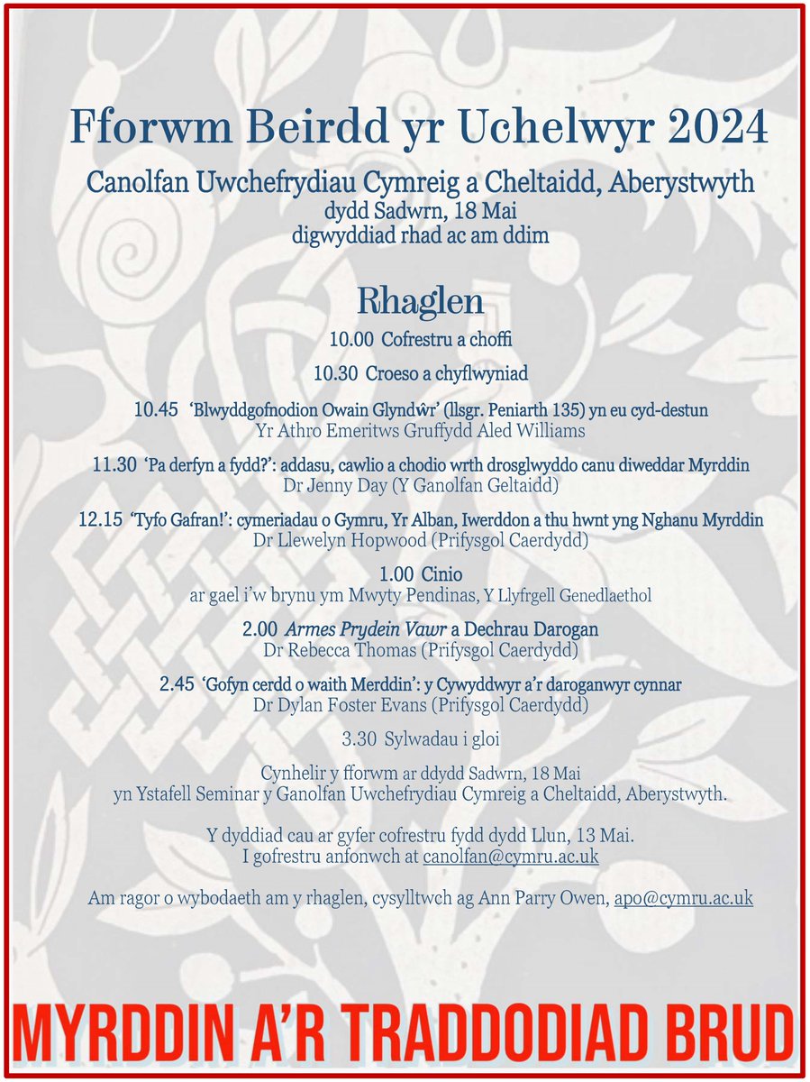 📢Fforwm Beirdd yr Uchelwyr 🗓️18 Mai 2024 📧E-bostiwch canolfan@cymru.ac.uk i gofrestru. Croeso cynnes i bawb!