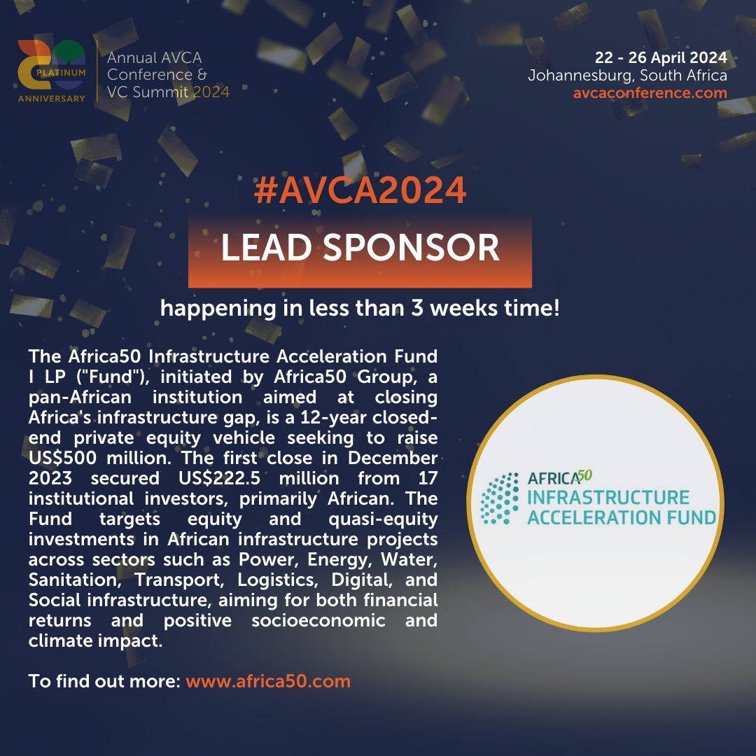 🎙 We are proud to have Africa50 as Lead Sponsor at #AVCA2024! View the agenda: avcaconference.com/whats-on/ @Africa50Infra @ICAfrica50