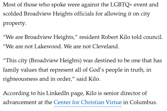 I don't know much about Broadview Hts, so I don't know if this guy is representative of the typical citizen. I don't know why anyone would think their suburb was destined by God to be the family value suburb. 😆 tinyurl.com/3ffyd8nc