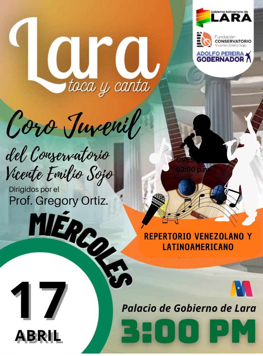 gobiernodelara (@gobiernodelara) on Twitter photo #17Abr 🎼Lara Toca y Canta presenta al Coro Juvenil del <a href="/Conser_VES/">Conservatorio Vicente Emilio Sojo</a>
Bajo la Dirección del Profesor Gregory Ortíz
🎶 Una tarde llena de música venezolana y latinoamericana
📆 17 de abril 2024
⏰ 3:00 P.M
🏛️ Palacio de Gobierno de Lara
#VenezuelaSeRespetaYPunto #17Abr 🎼Lara Toca y Canta presenta al Coro Juvenil del <a href="/Conser_VES/">Conservatorio Vicente Emilio Sojo</a>
Bajo la Dirección del Profesor Gregory Ortíz
🎶 Una tarde llena de música venezolana y latinoamericana
📆 17 de abril 2024
⏰ 3:00 P.M
🏛️ Palacio de Gobierno de Lara
#VenezuelaSeRespetaYPunto