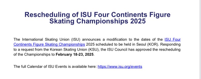 The dates have been changed for Four Continents. It will now take place Feb. 18-23, 2025.