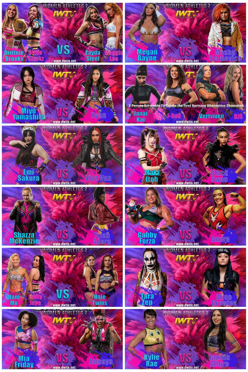 Excuse me, but how amazing is this card for @UprisingWomen_ this weekend? @BrittnieBrooks & @BillieStarkz vs. @ZaydaSteel & @justmaggielee ! @meganbayne vs. @mashaslamovich ! @miyu_tjp vs. @_thehyan ! @Janai_Kai @VertVixen @jsroden @rebeccajscott_ @EmiSakura_gtmv @HellBentVixen