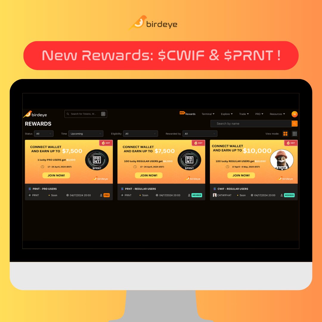 NEW REWARDS: $CWIF & $PRNT Do you hear the printing machine (*cough* our Rewards page) keeps on printing? 👂 That's right, we have $CWIF & $PRNT coming in hot on Birdeye's Rewards page! More updates & details of the two projects & campaigns below. 🧵👇 (1/4)