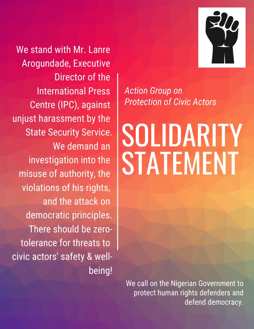 Defending Democracy: We’re Standing firm with Mr. Lanre Arogundade, Executive Director of IPC[@IPCng], against unwarranted harassment by the State Security Service [@OfficialDSSNG ] It's time for an investigation into the abuse of power, rights violations, and attacks on