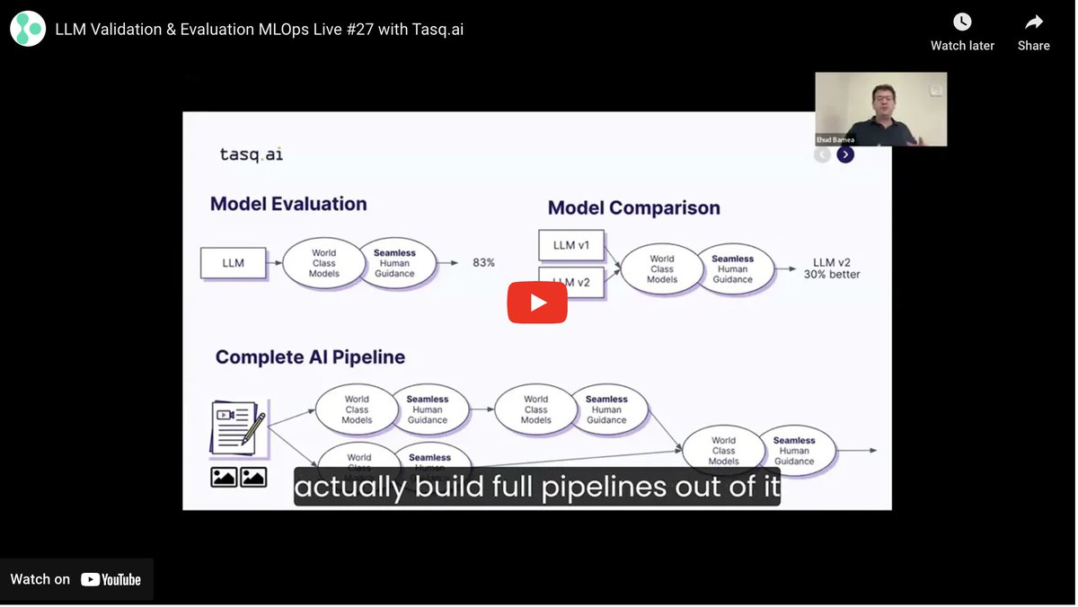 Missed our latest #MLOps Live w/ @tasq_ai on #LLM Validation? With 1,000 registrants it was an awesome event! 🎉 We discussed validating, evaluating & fine tuning an #LLM effectively, & showed a live demo of a real world retail use case. Watch here: rb.gy/l64u74