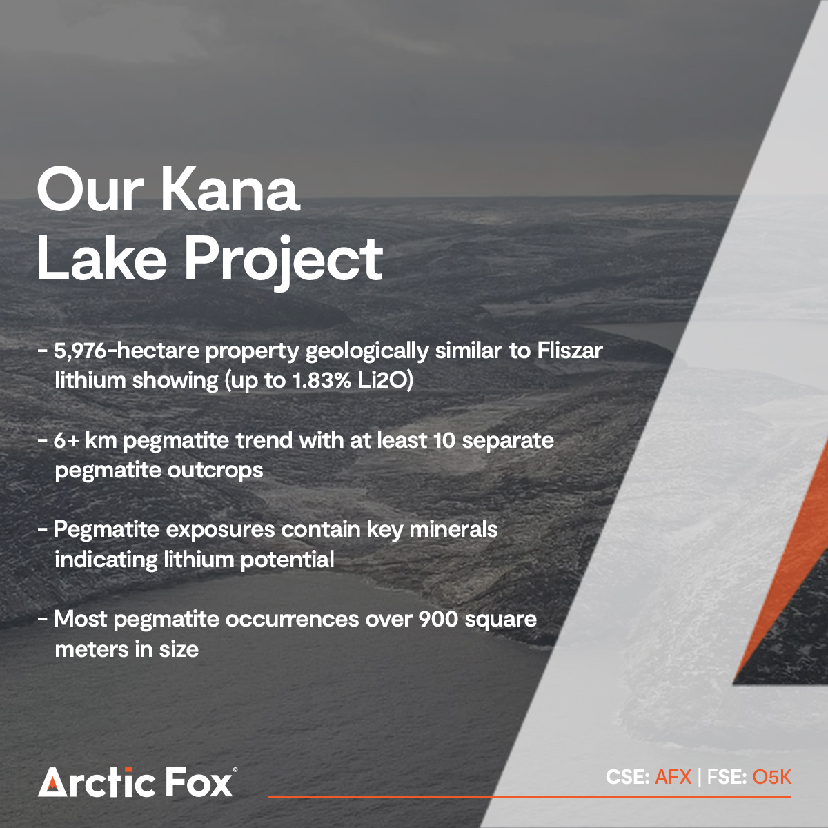 arcticfoxLi's tweet photo. Our Kana Lake property spans a 6 km pegmatite trend with multiple lithium-prospective exposures. $AFX will fast-track drill target identification. 

See project details: https://t.co/e8bPHkG6mw 

#LithiumStocks #mining #JamesBay #Québec #CSE $AFX.CN #FSE #O5K #KanaLake https://t.co/6EoBtlUaYd