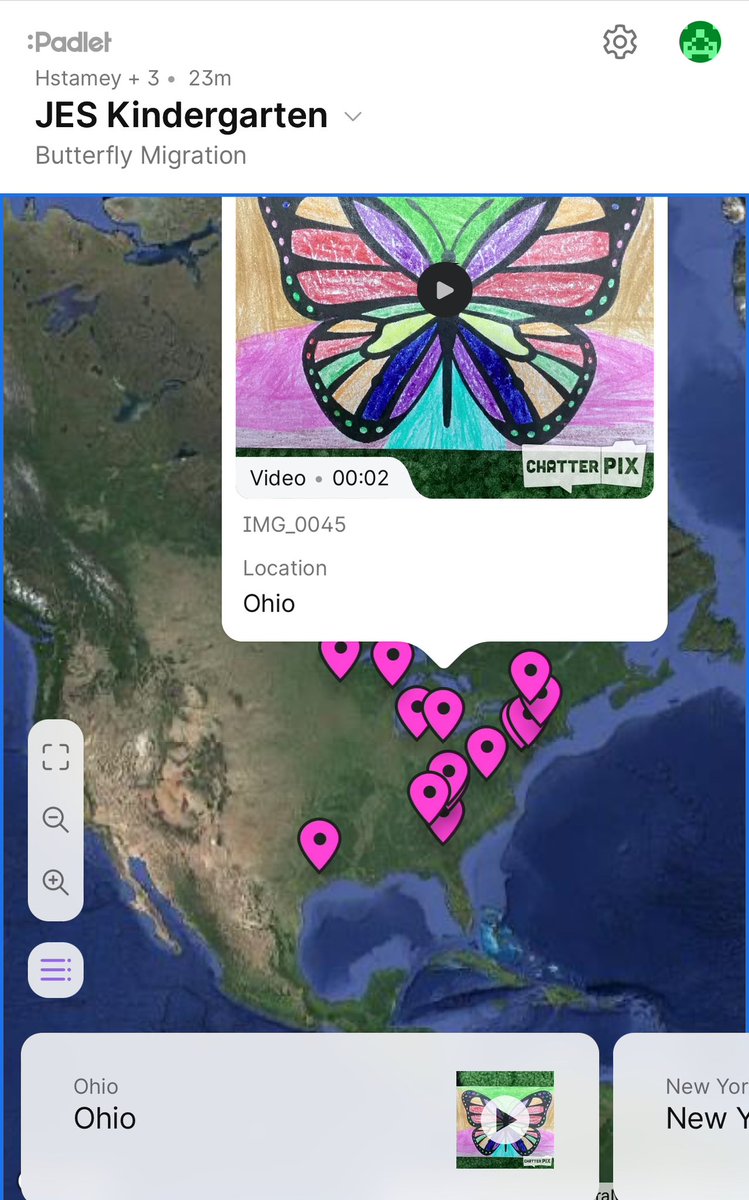 Kinders at JES today mapped out their butterflies from the Symbolic Monarch Migration Project. We #appsmashed <a href="/ChatterPixIt/">ChatterPix</a> and <a href="/padlet/">Padlet</a> to create this amazing map of all the butterflies they collected from North America!