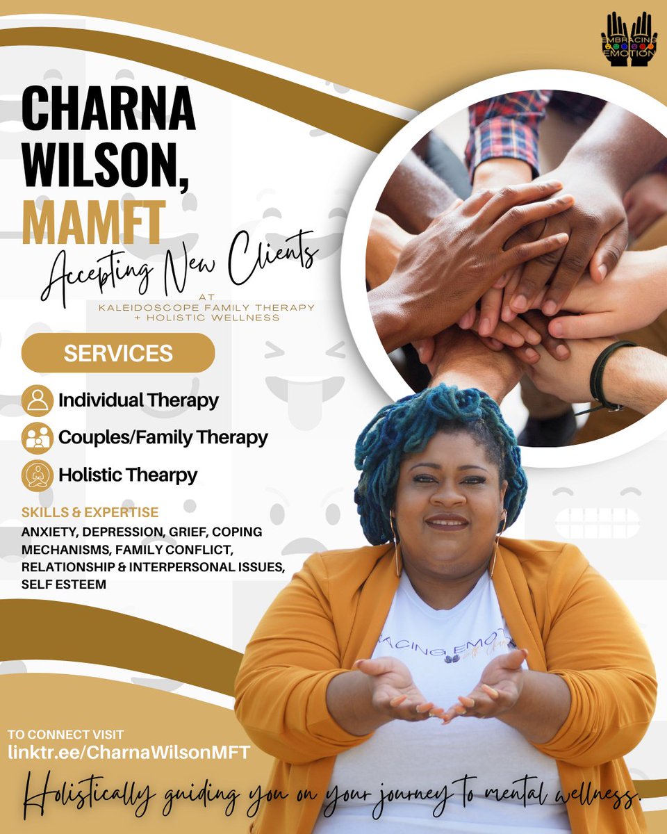 I'm currently accepting new clients! If you're in the Metro Atlanta area and looking for mental health support, or want to learn more about me visit linktr.ee/CharnaWilsonMFT to connect!⁠
⁠
#embracingemotion #mentalhealthawareness #gototherapy #bookwithme