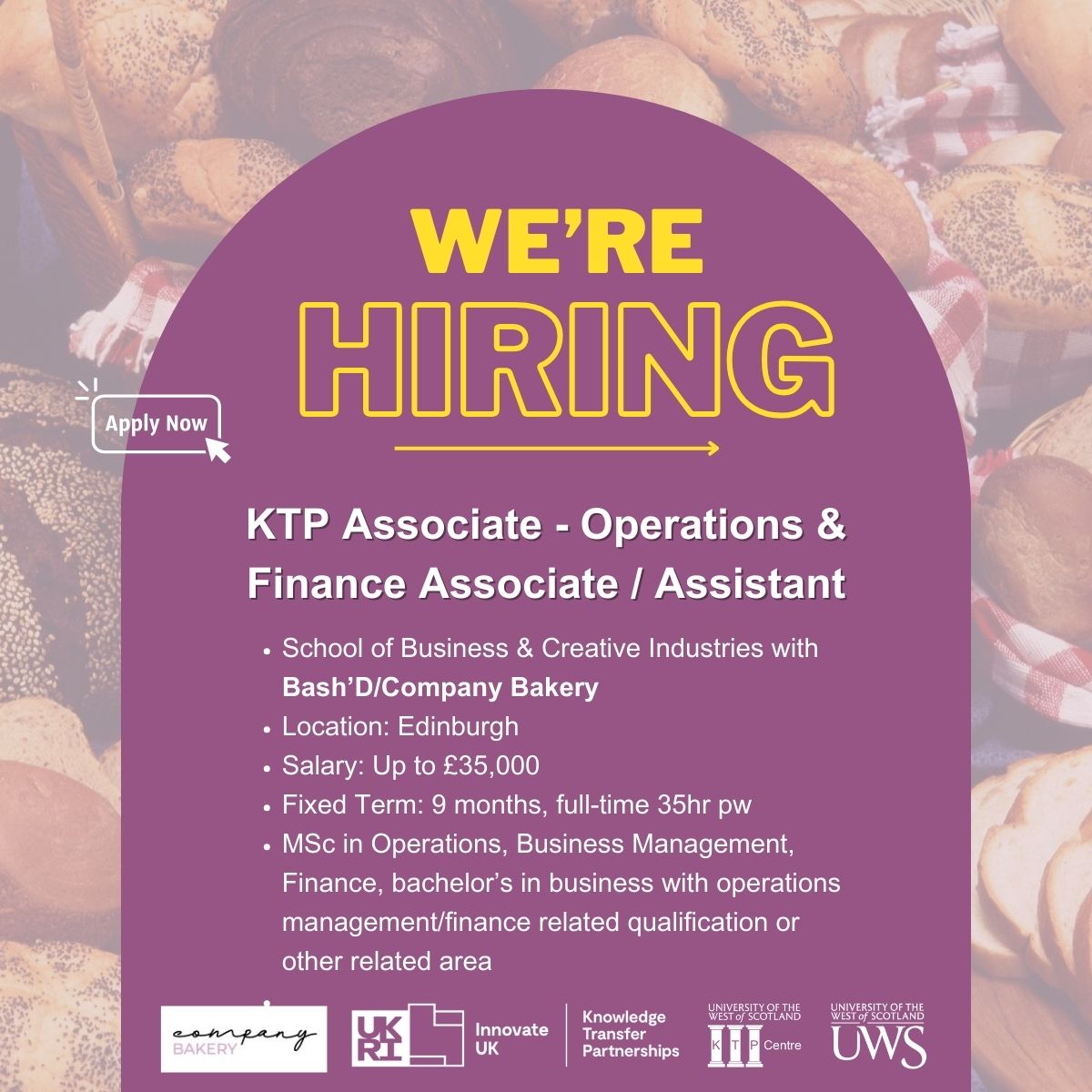 #wearehiring The closing date is fast approaching for the  #KTP Associate job vacancy with @CompanyBakery and @UniWestScotland🥐 To apply and for more information, click here: ce0974li.webitrent.com/ce0974li_webre…