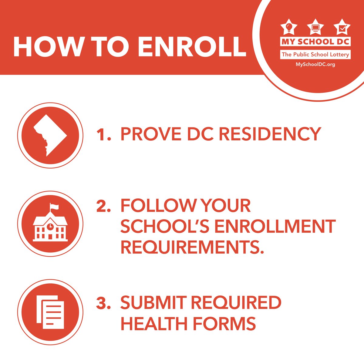To accept your lottery match, you must enroll at the school by May 1. There are three steps to complete your enrollment: Prove DC residency, follow your school’s enrollment requirements, and submit required health forms. Learn more here: buff.ly/41K2g2y