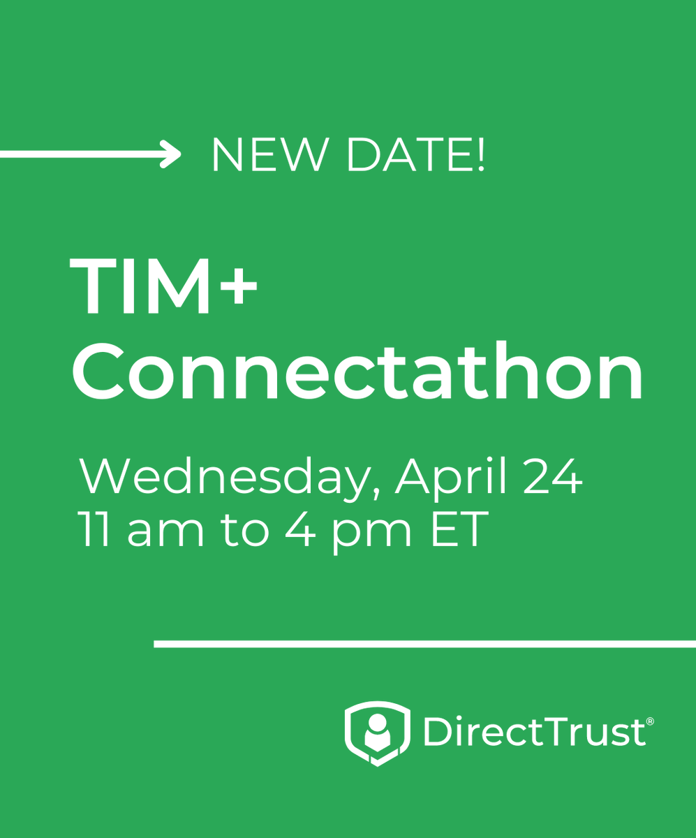 DirectTrustorg's tweet photo. All are welcome to join us for a Connectathon testing Trusted Instant Messaging Plus (TIM+) on our new date: April 24!

Register to participate: https://t.co/pOmqK08gtF https://t.co/70afepAT9c