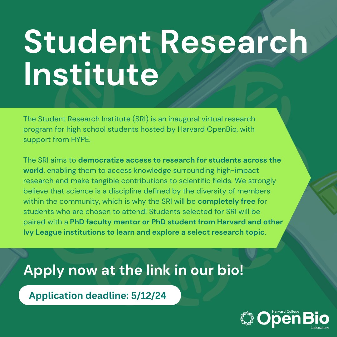 The SRI is a free program that will enable students to access knowledge surrounding high-impact research and make tangible contributions to scientific fields. Visit this link to apply: soco.college.harvard.edu/00003/applicat…