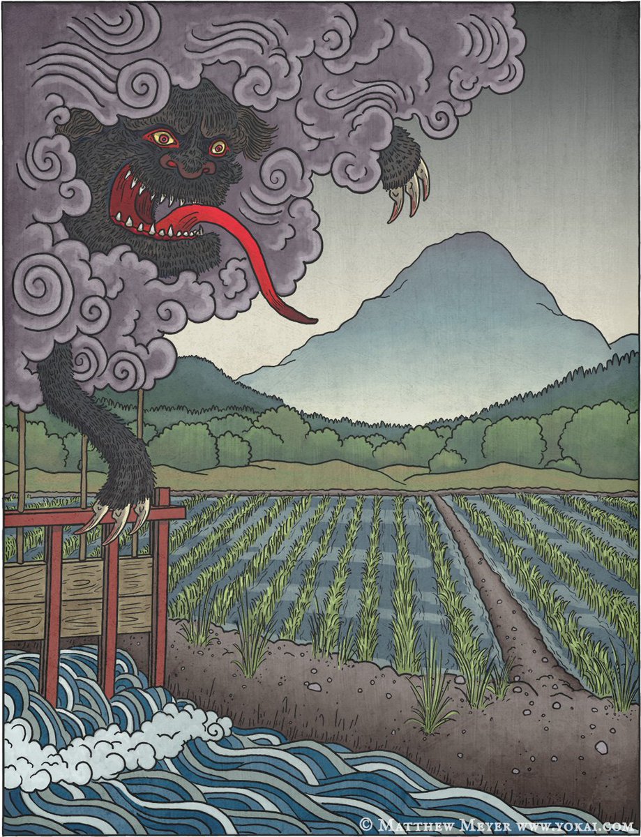 In #JapaneseFolklore, akashita is a #yokai appearing as a dark, black cloud with sharp claws, a beast's face and long red tongue. They generally appear during summer when water is needed the most. If rice farmers divert and steal water from neighbours... #WyrdWednesday 1/2