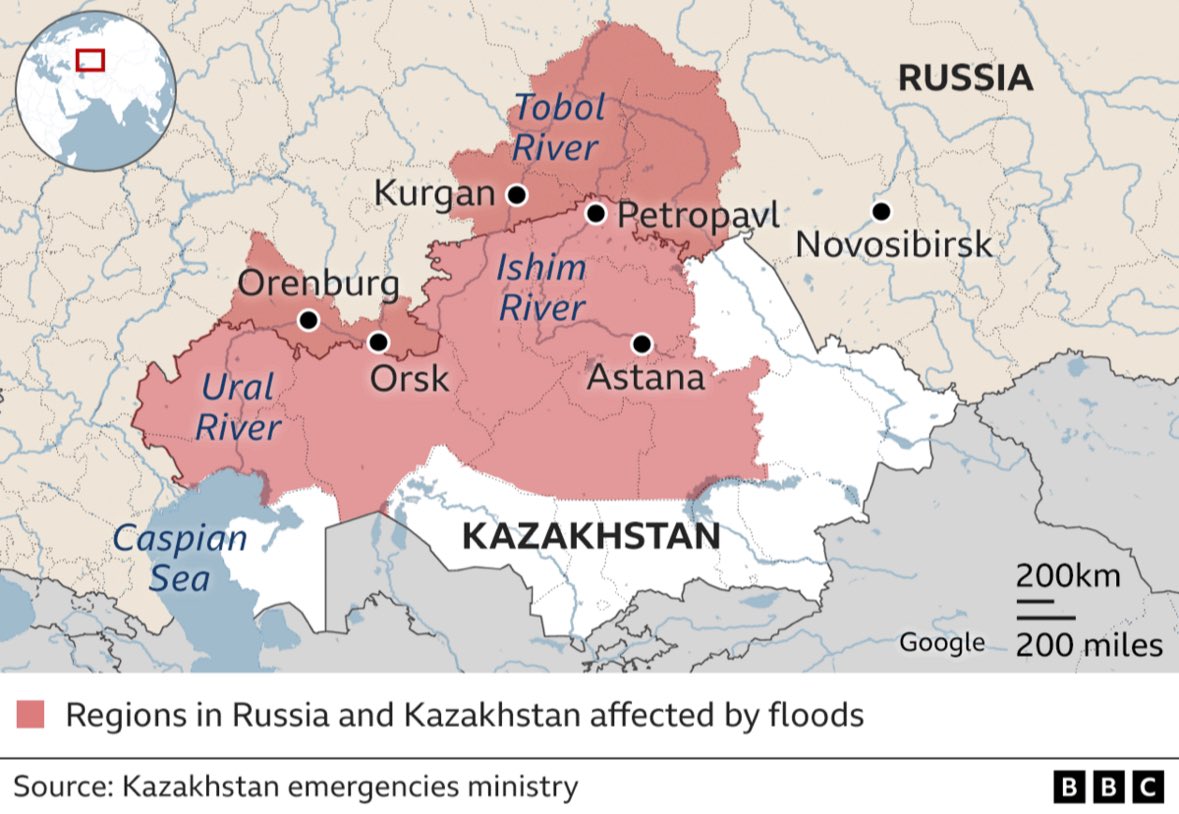 Flood area seems to be increasing in #Kazakhstan. If this begins to move further south we could see widespread disruption to #uranium mines and logistics. For now will probably see some disruption at Semizbay mine in the north (1.32m lbs/yr) $SRUUF $CCJ $KAZ #uranium