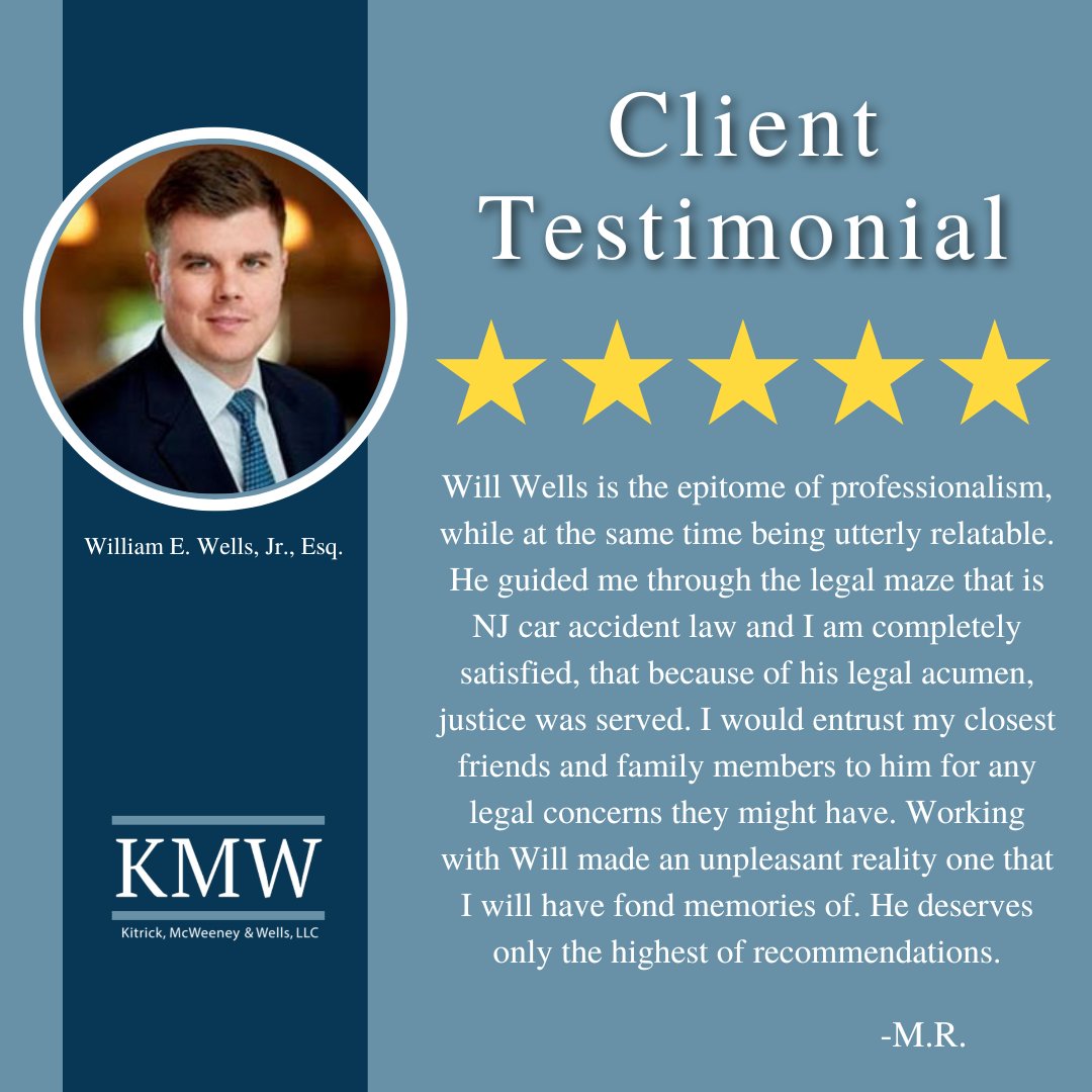 With a deep understanding of New Jersey car accident laws, our firm is prepared to skillfully handle your case with precision and care.

#KitrickMcWeeneyWells #KMWLawFirm #NewJerseyLawyer #CarAccidentLawyer #Attorneys #ClientReview