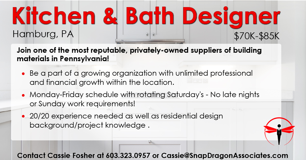 🚨 New Kitchen & Bath Designer role in the Hamburg, PA market for a building materials supplier!
 
Apply here linkedin.com/jobs/view/3896… or reach out to Cassie Fosher today!

#SnapDragonJobs #buildingmaterials #hiring #werehiring #kitchendesigner #designjobs #PAjobs #HamburgPA