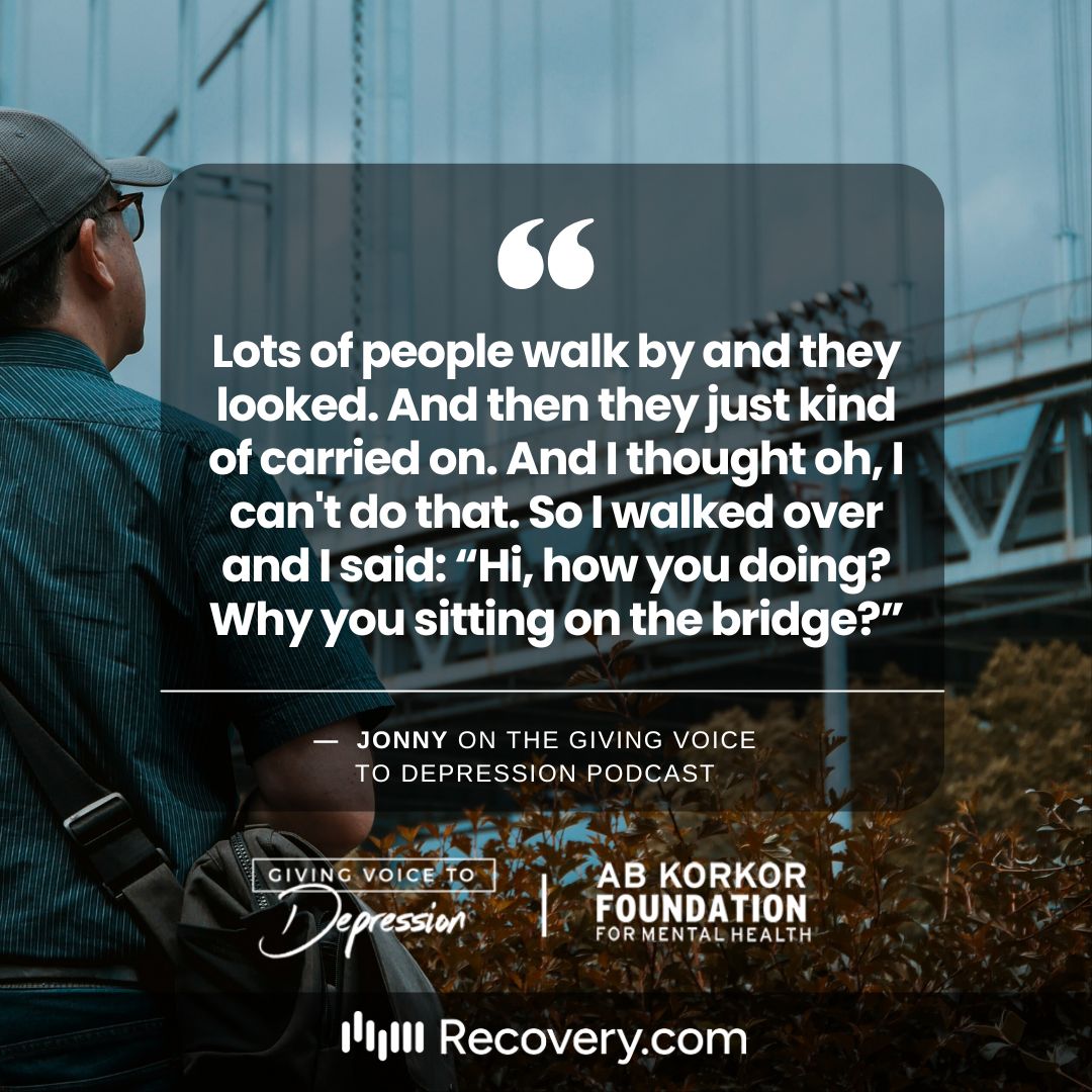 This week’s guest explains how, with no mental health or crisis training, he approached a suicidal man who others ignored. It’s a powerful story told from both sides of the rail. Listen to “Bridging Hope: The Power of Compassion” at givingvoicetodepression.com. #mentalhealth