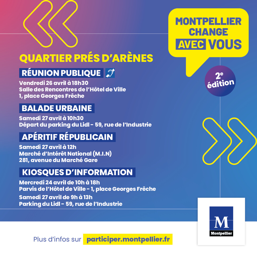 Réunion publique, balade urbaine, kiosque d’information, apéritif républicain… 🗣🌳ℹ 👥 Rendez-vous du lundi 22 au samedi 27 avril 2024 pour la 2ᵉ édition de 'Montpellier change avec vous'. 📌 Prés d'Arènes Toutes les infos 👉swll.to/mcavPresdArene…