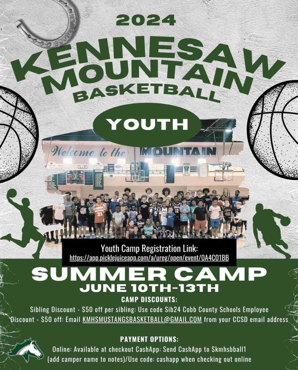 🐎 🚨 2024 Kennesaw Mountain High School Youth Summer Basketball Camp for rising 1st - 8th grade Girls and Boys is now open! app.picklejuiceapp.com/a/ureg/open/ev… 🐎 🚨 Link in Bio!

Email: Kmhsmustangsbasketball@gmail.com or Brian.fisher@cobbk12.org for additional details! #GoMustangs