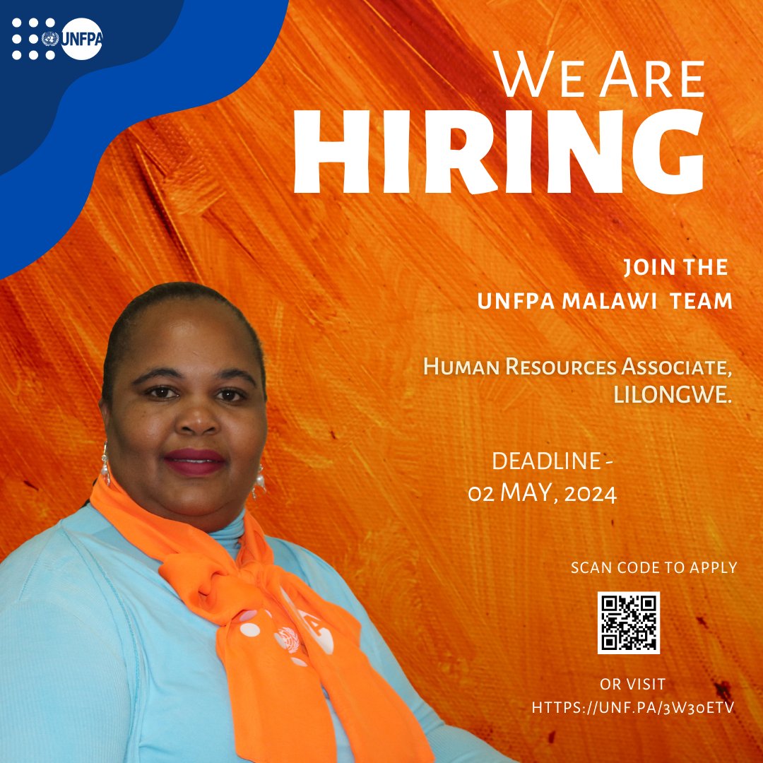 UNFPAMalawi's tweet photo. Join our team!
UNFPA Malawi is seeking a dedicated Human Resources Associate. Help us drive positive change and support our mission for a sustainable future.
🔗 Spread the word or apply today and help us make a difference! https://t.co/7jCHCT0eGF
