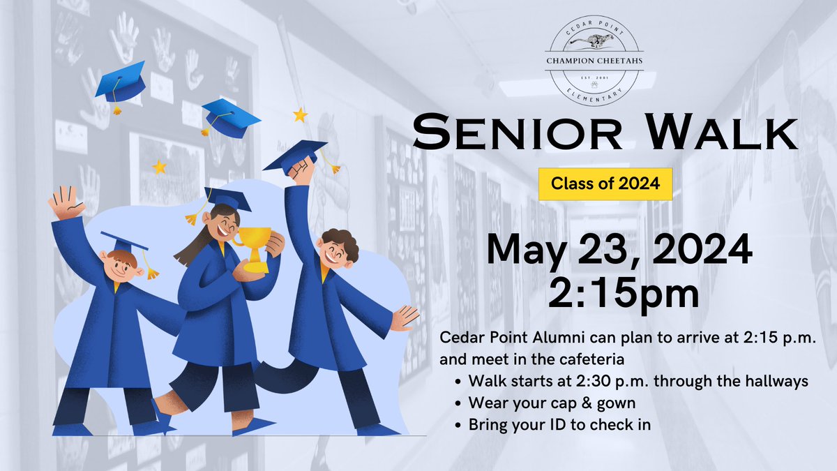 Attention #CPChampionCheetahs graduating seniors! We are excited to invite all graduating Cedar Point alumni to join us on May 23 at 2:15 p.m. to participate in our annual senior walk. Spread the word to the Braemar community. #classof2024