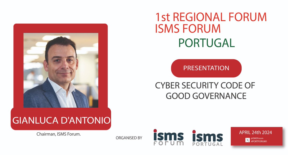 ⏰ Only one week left to celebrate the 1st Portugal Regional Forum! Register and enjoy the presentation of Gianluca D'Antonio, Chairman @ISMSForum 👇👇 ismsforum.es//evento/761/i-…