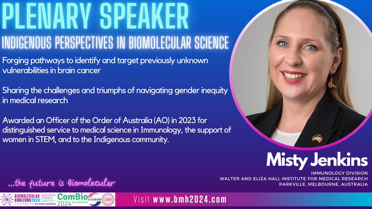 bmh2024Melb's tweet photo. #bmh2024 Indigenous Perspectives in Biomolecular Science features Plenary Speaker @DrMistyJenkins on novel immunotherapy targets for adult and paediatric brain cancer. Join us in Melbourne, 22-26th September, 2024 https://t.co/KfW4otNYmV ...the future is biomolecular. https://t.co/tFZs9UpHVS