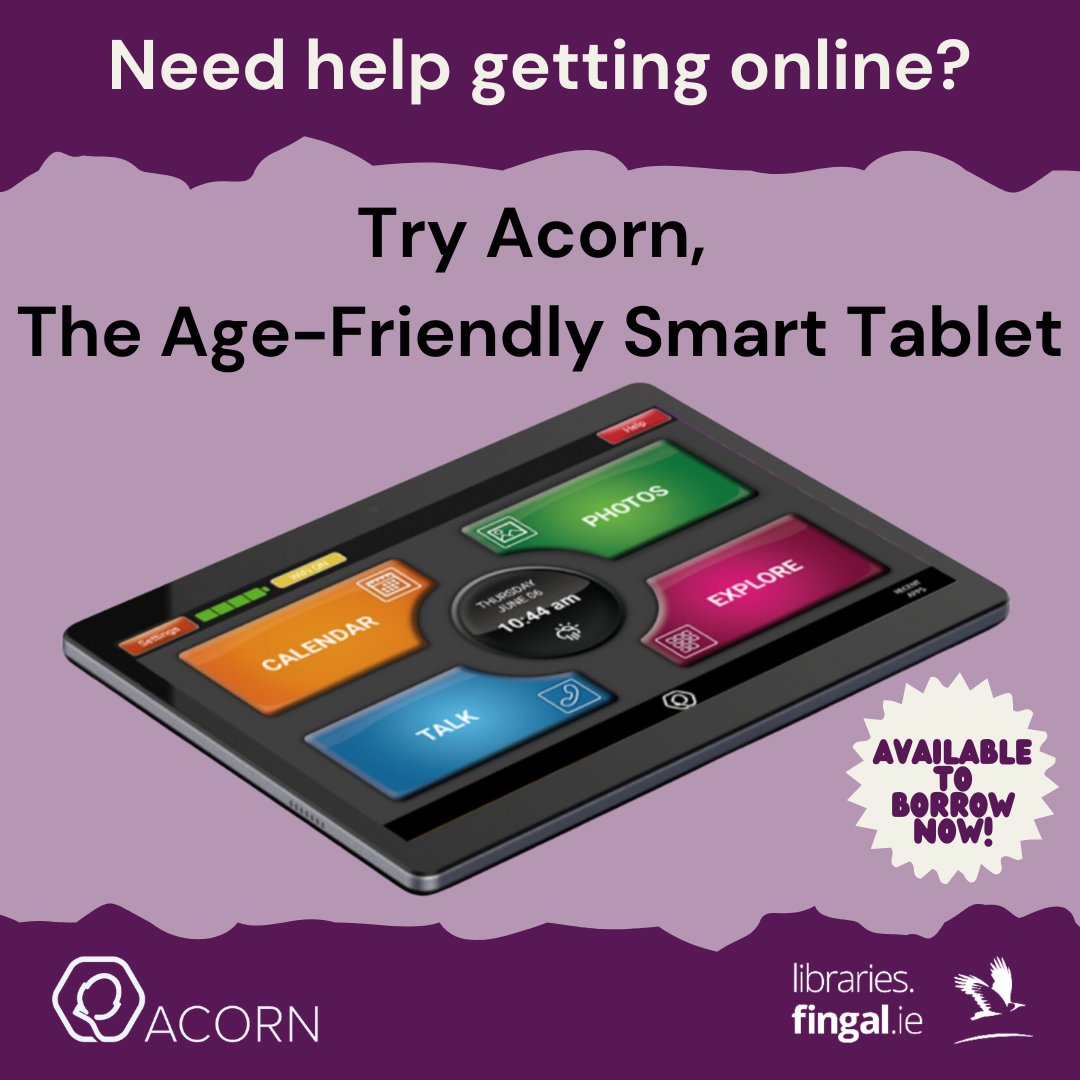 Balbriggan Library is proud to offer Acorn tablets for borrowing. The Acorn tablet is age-friendly and designed with the older person in mind. It is easy to use and navigate, making getting online simple for even the most inexperienced user. #fingallibraries